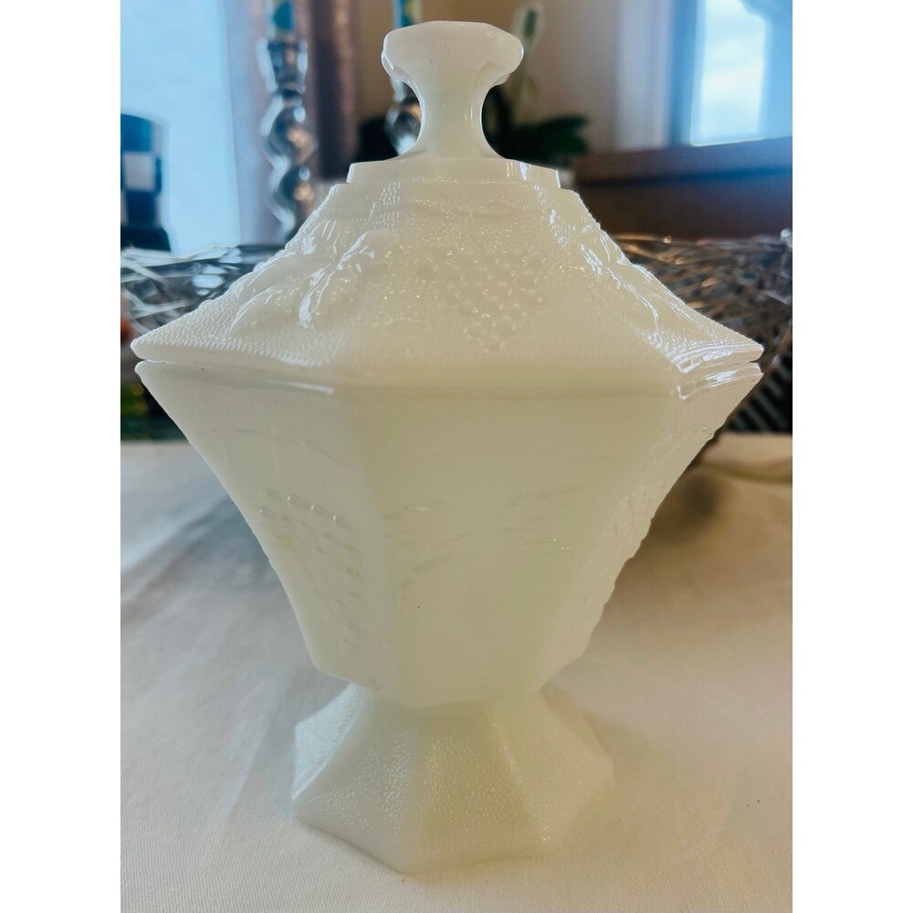 Anchor Hocking Candy Dish Pedestal Octagon Vintage White Glass Grape Harvest